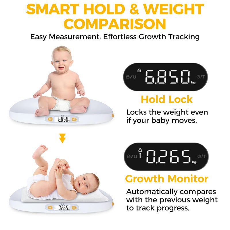 TIPRE Baby Scale for Weighing, 55 lb/0.01 lb Digital Infant Scale for Weighted Feeds with Height Measuring Tape Weight Comparison Hold Function, Pet Scale for Cats/Dogs, LCD Display, Large Platform - Image 4